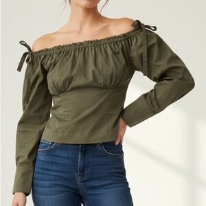 DO+BE Moss Green Off-the-Shoulder Puff Sleeve Tie-Strap Blouse (Size M)